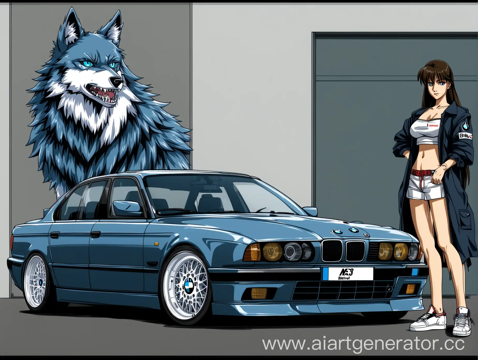 Anime-Style-BMW-E34-with-Girl-Wolf-Companion