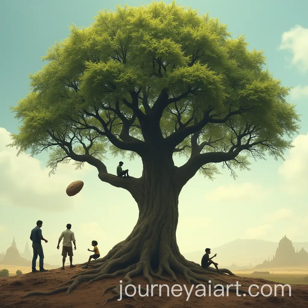 Tree-in-India-with-People-Rock-Throwing-Incident-and-Falling-Person-on-Giant-Keyboard