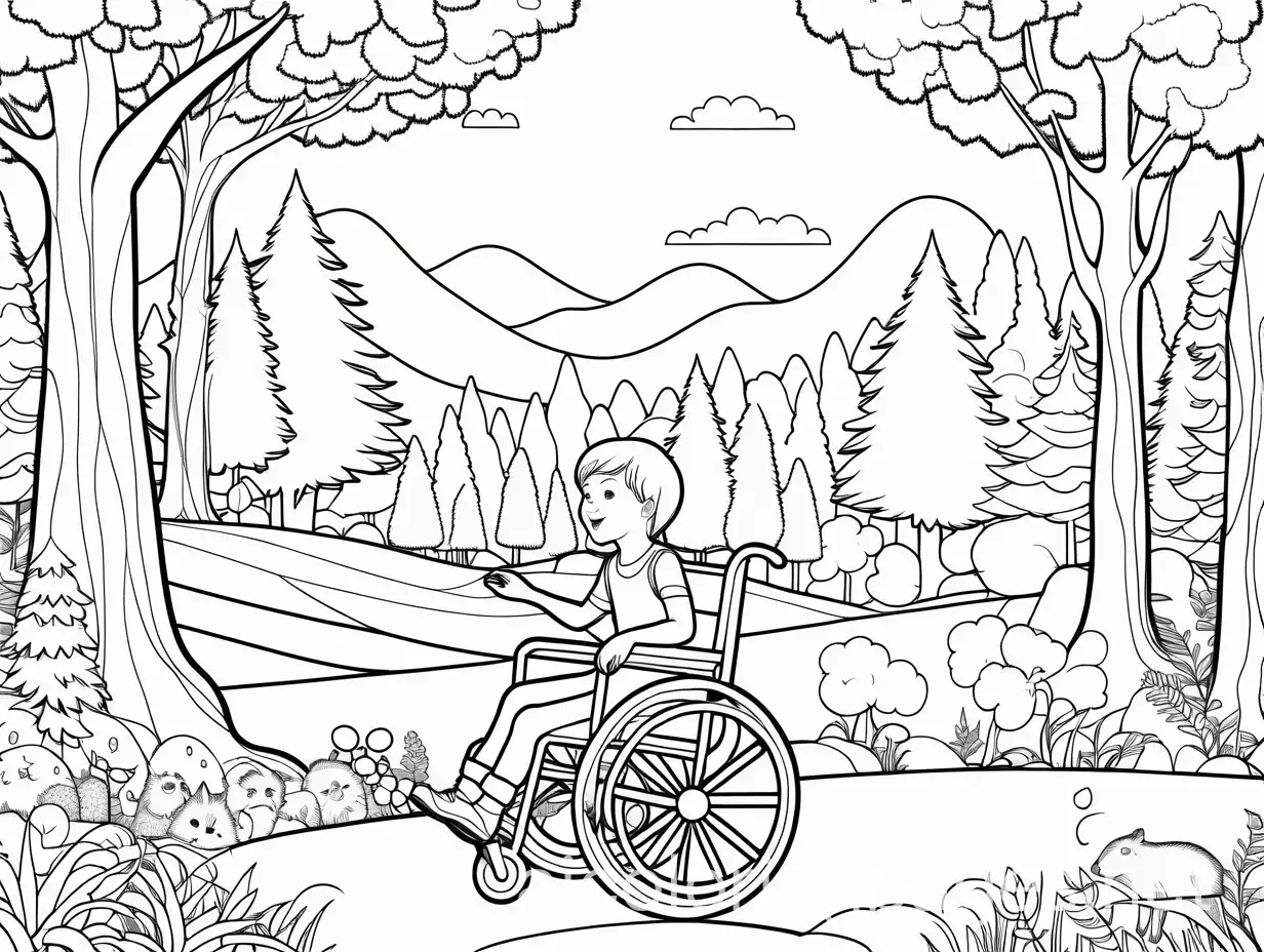 Joyful-Child-on-Wheelchair-Playing-with-Forest-Friends-Coloring-Page