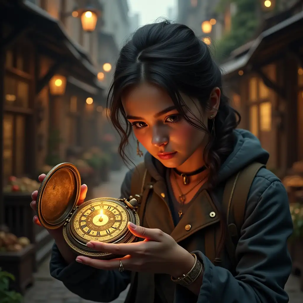 A young woman named Lina is exploring an antique market in an old city. She finds an old mysterious pocket watch with golden details and strange engraved symbols. When she touches it, the clock emits a soft glow.