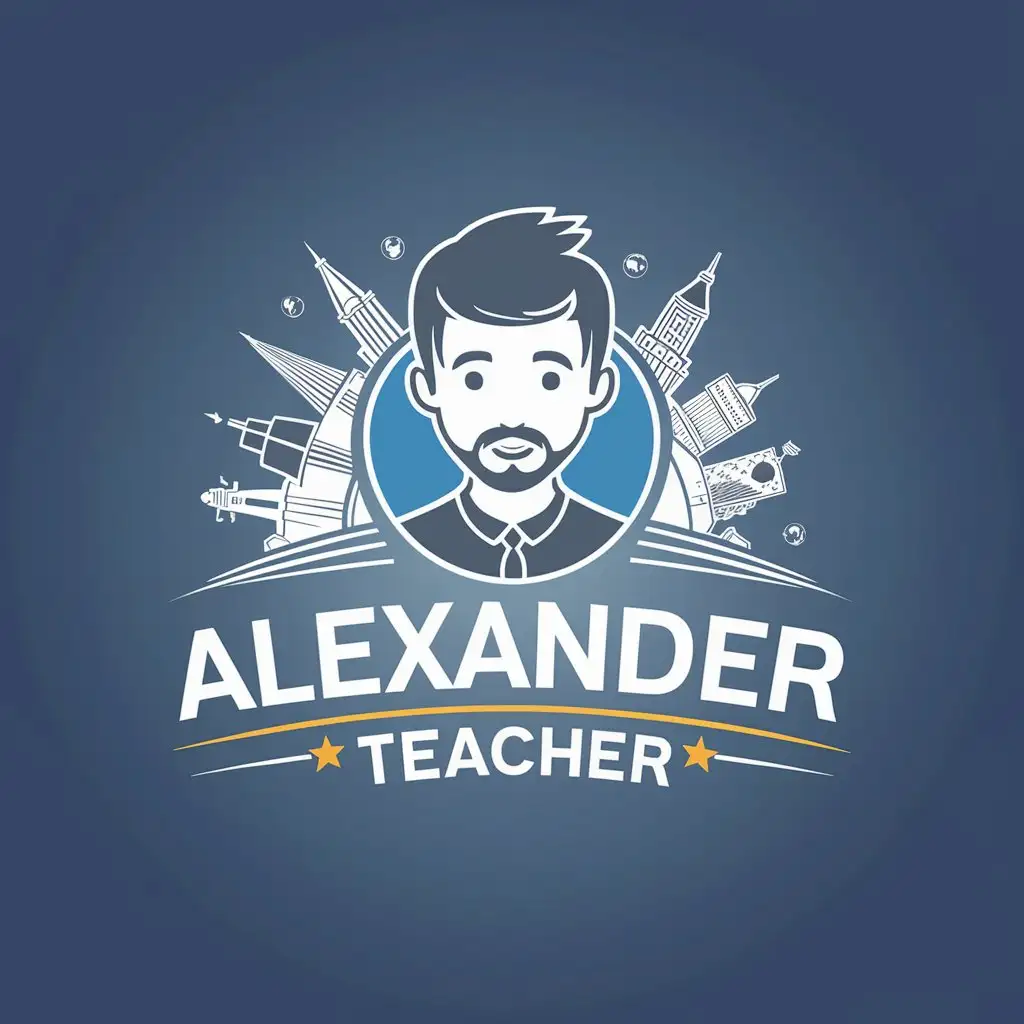 LOGO Design for Alexander Teacher Young Educator Surrounded by World Landmarks on Blue Background