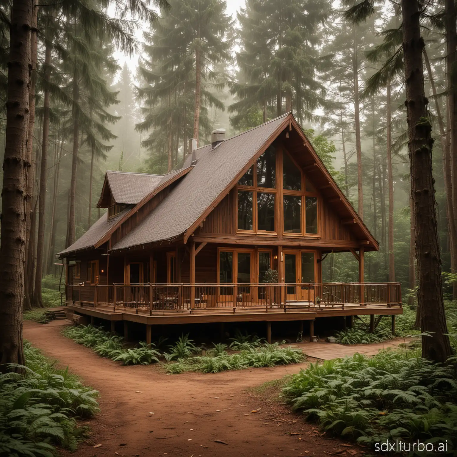 Brown wood house in the forest, nature vibe, hight quality, nice atmosphere, cold shade.