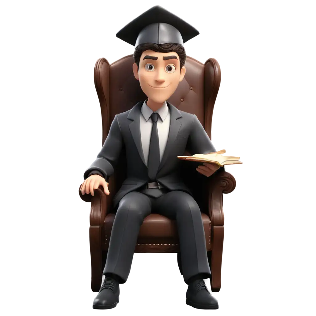 Illustration picture of a young male judge sitting in a courtroom chair reading the Criminal Code book 3D