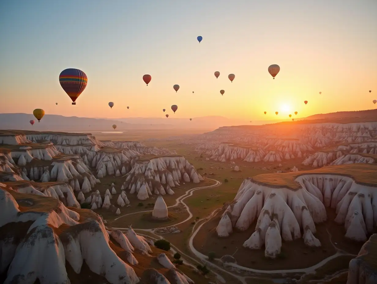 Aerial view amazing sunrise landscape in Cappadocia with colorful hot air balloon fly in sky over deep canyons, valleys. Concept banner travel Turkey