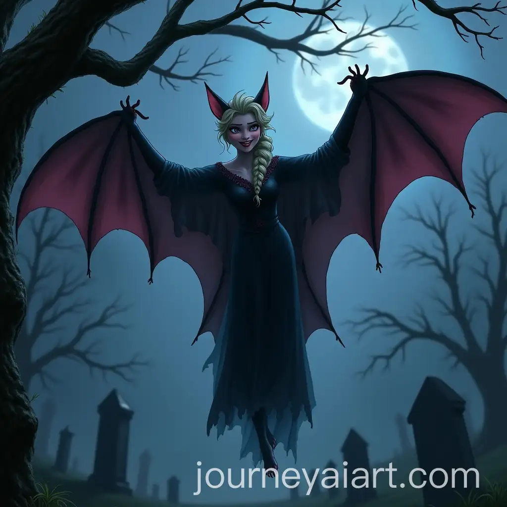 Frozens-Elsa-Transformed-into-a-Vampire-Bat-Hanging-in-Old-Cemetery