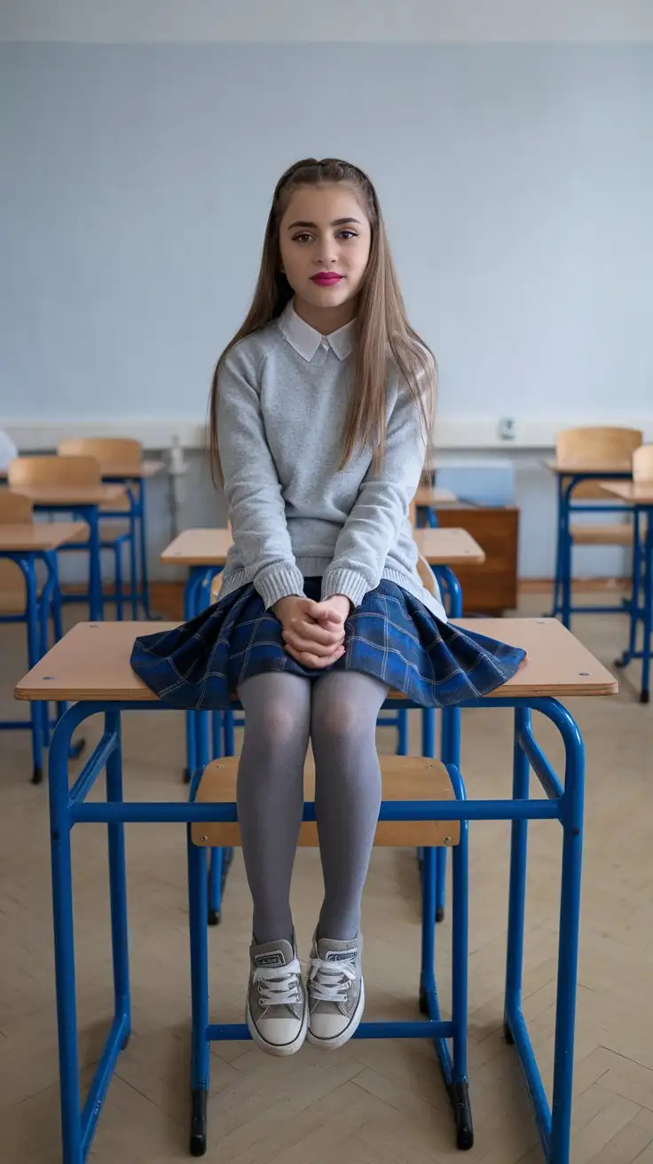The image shows a 14 years old turkish girl sitting on the wooden table with her crossed legs. She is wearing a grey sweater, a blue plaid skirt, grey tights, and small white converse shoes. Her hair is long straight. The desk is blue and there are other desks and chairs in the background. The floor is made of light-colored wood and the walls are painted white. Elegant, pink lips