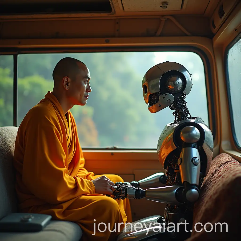 Buddhist-Monk-and-Robot-Inside-a-Van