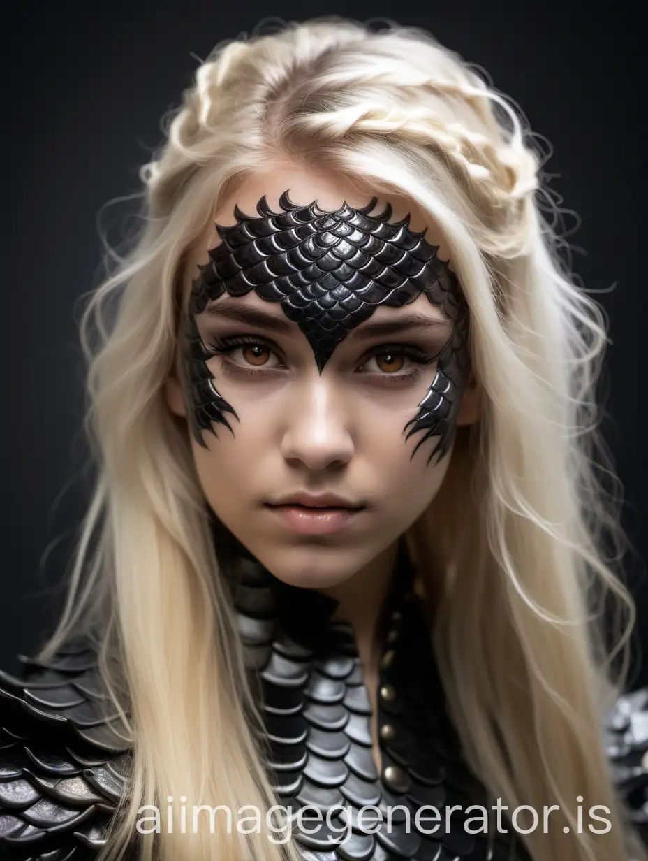 Young human woman with black dragon scales skin on the forehead, brown eyes and long blonde hair