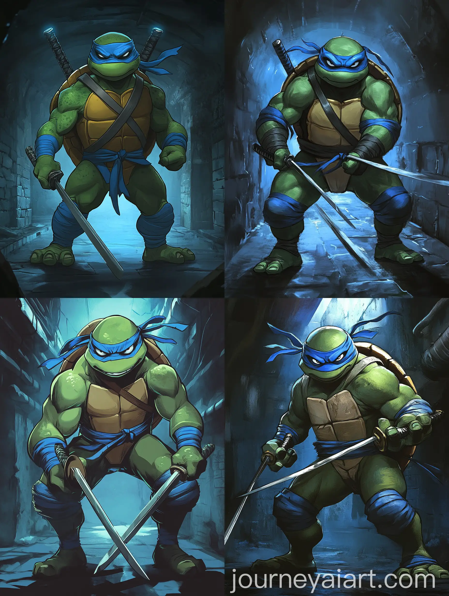 Leonardo-Ninja-Turtle-Holding-Katanas-in-Dark-Sewers