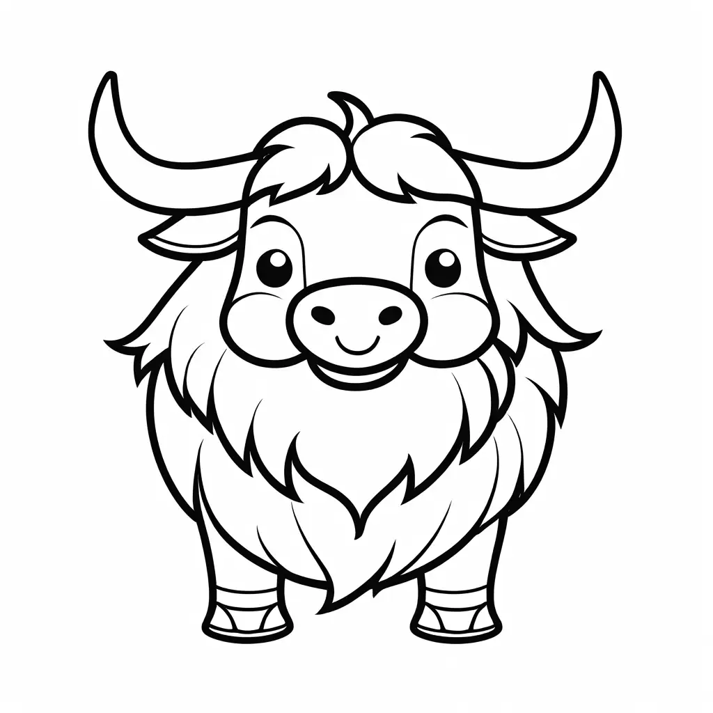 happy cute yak smiling coloring page for toddlers, Coloring Page, black and white, line art, white background, Simplicity, Ample White Space. The background of the coloring page is plain white to make it easy for young children to color within the lines. The outlines of all the subjects are easy to distinguish, making it simple for kids to color without too much difficulty