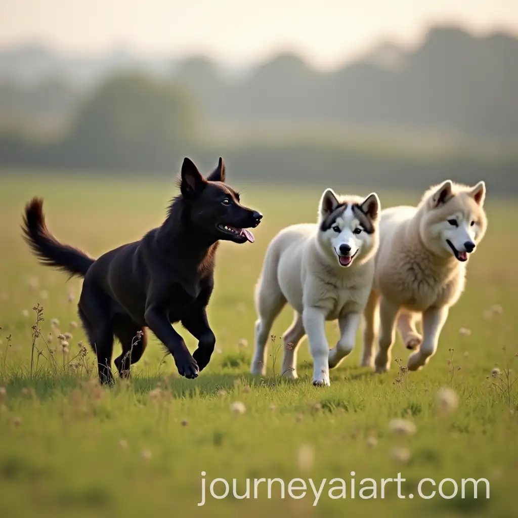 Small-Black-Dog-Chasing-Sheep-in-a-Field-LabradorKelpieHusky-Mix
