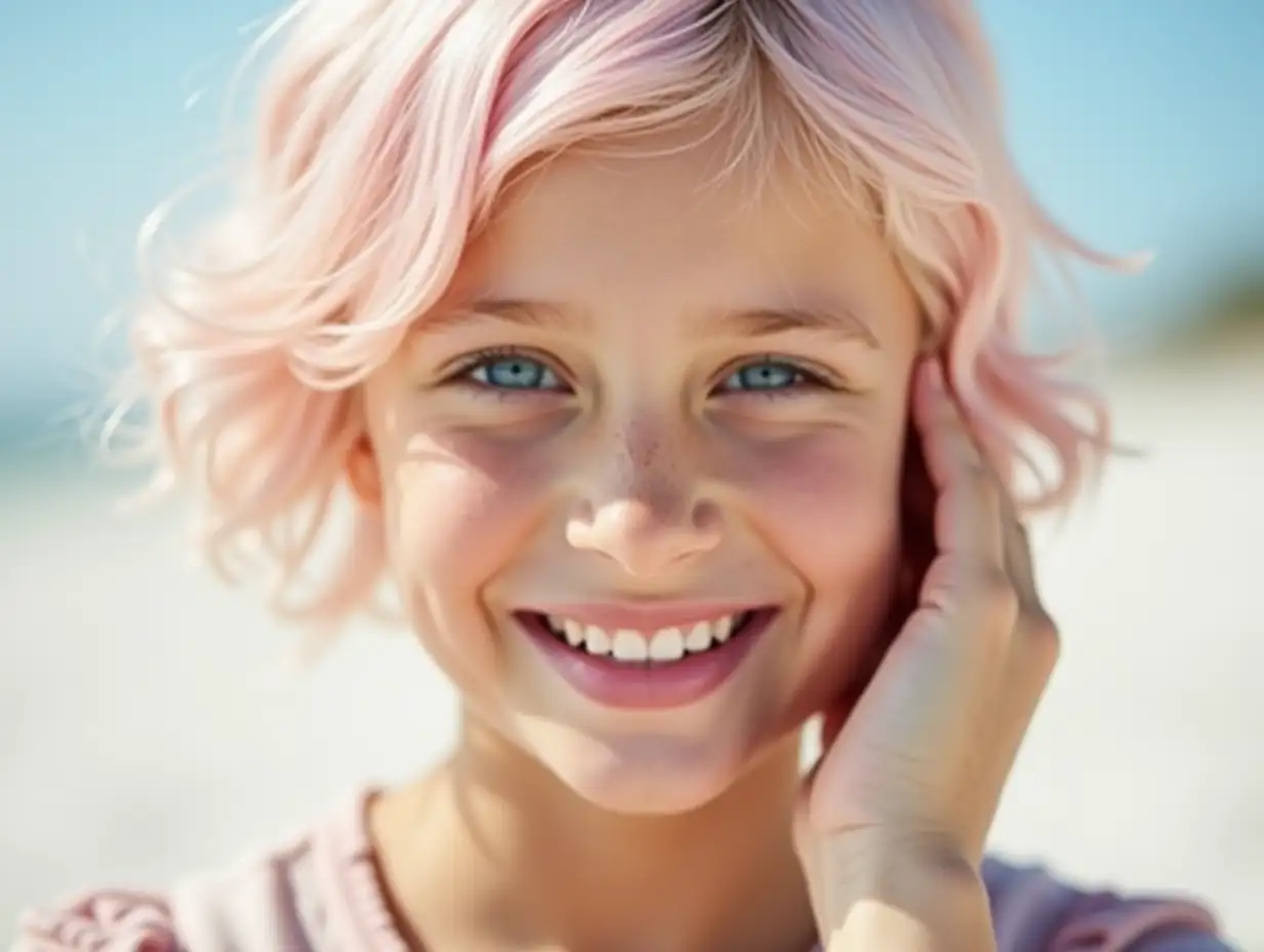 a close-up portrait of a beautiful white 14 years old girl with medium short light pink hair and blue eyes. She cute smiles, her white teeth are visible. She is straightening her hair near her ear. She is on the white sand.