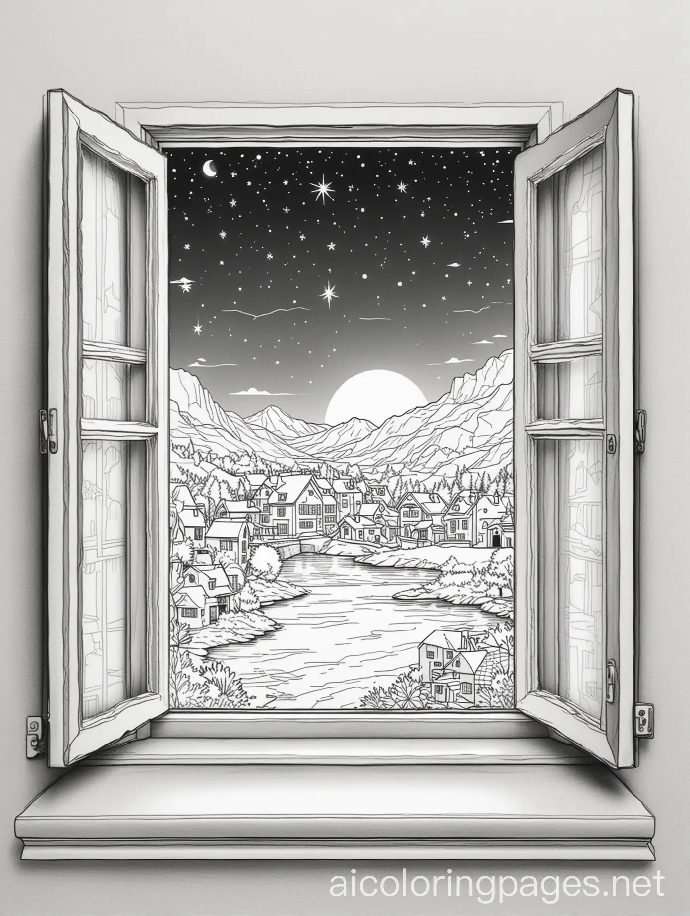 clean line art, open window with night view, Coloring Page, black and white, line art, white background, Simplicity, Ample White Space. The background of the coloring page is plain white to make it easy for young children to color within the lines. The outlines of all the subjects are easy to distinguish, making it simple for kids to color without too much difficulty