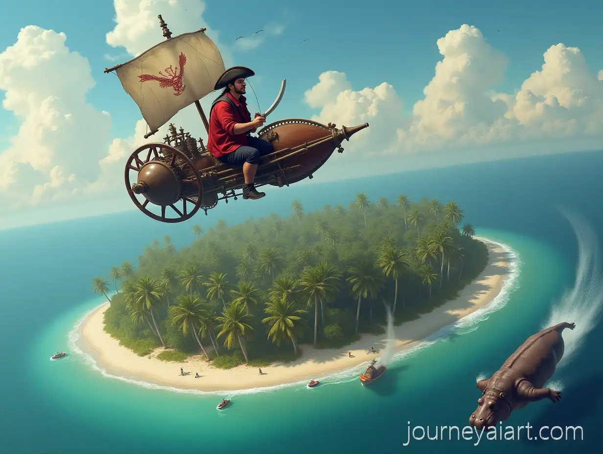 Steampunk-Pirate-Soaring-on-SteamPowered-Flying-Machine-Over-Tropical-Island-with-Flying-Hippo