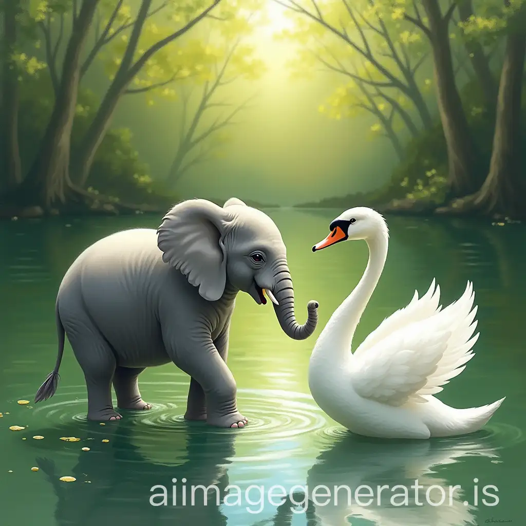 Baby-Elephant-and-Swans-Dancing-Under-Sunlit-Green-Lake