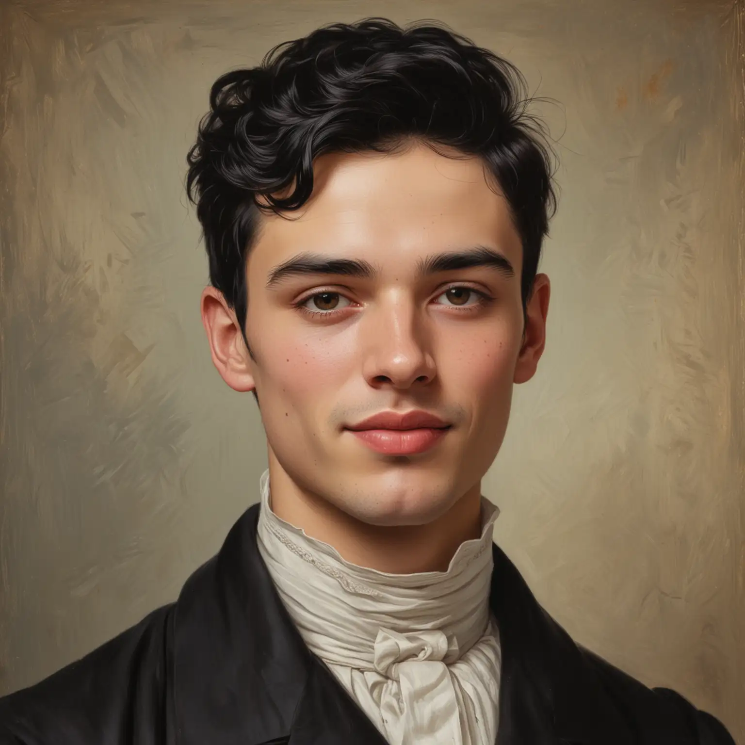 Portrait Painting of a Young Man with Neatly Combed Black Hair and Light Smile