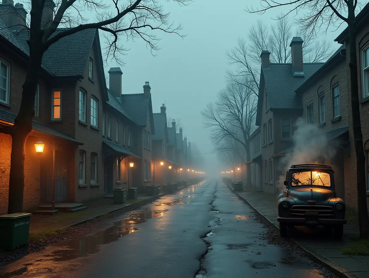 Creating a digital photo of a street with old derelict houses with chimneys and smoke, lying garbage cans on the street with brown soup hints and illuminated toilets with rusty iron and a river with floating paint fog and rusty lanterns and a rusty car with broken windshield