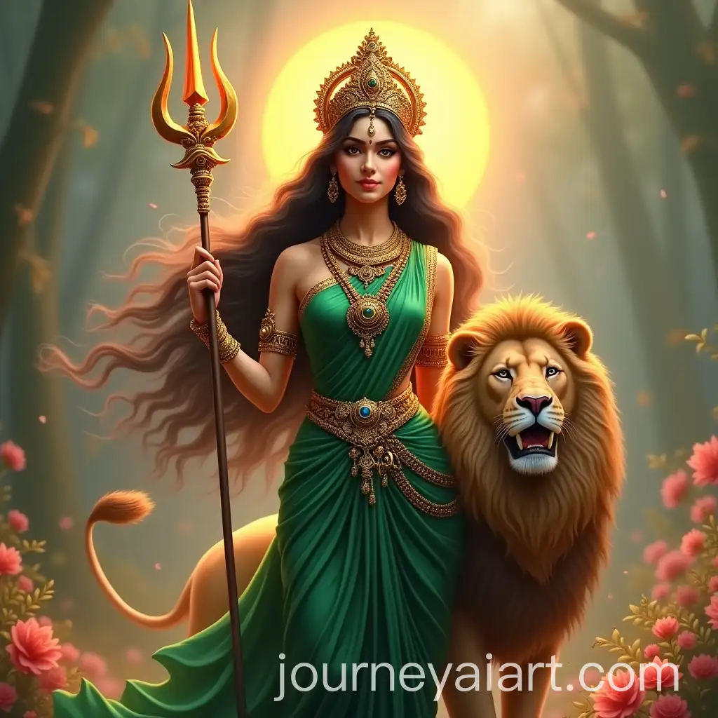 Indian-Goddess-Durga-in-Green-Saree-with-Fiery-Trident-and-Majestic-Lion