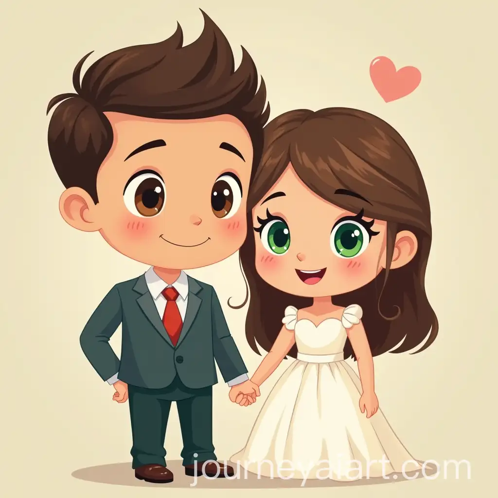 Cartoon-Groom-with-Brown-Eyes-and-Bride-with-Green-Eyes-in-Wedding-Attire