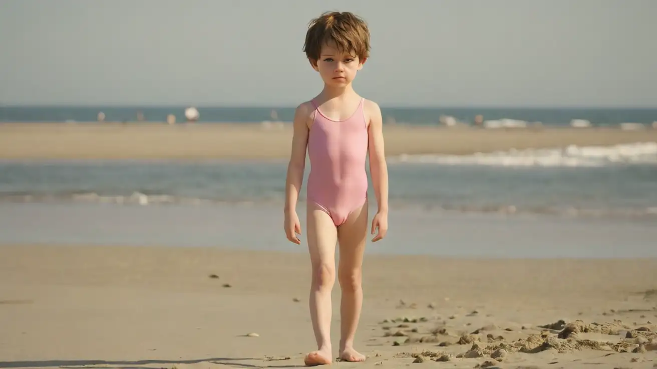 one young little boy, very sad, wear pink leotard, full view, walking toward you on sunny beach
