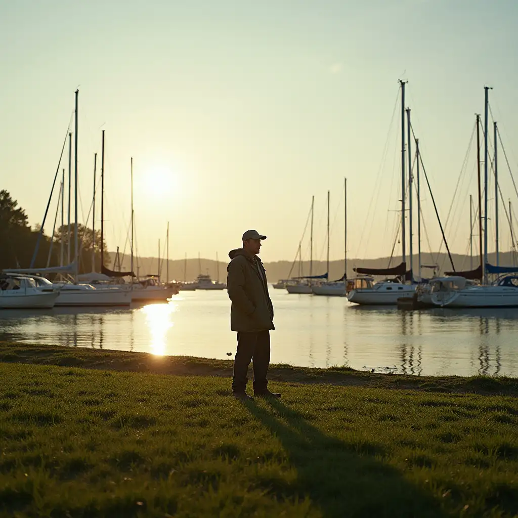 Not for the first time he stands on the lawn, The dinghies apier tied up water bourn, The yachts lie stout moored, The wind, bare masts to preclude, Steady pelicans steam in the dawn.