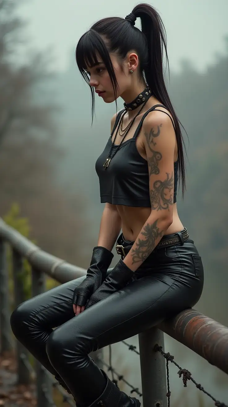 Realistic-Punk-Teenage-Girl-with-Leather-Leggings-and-Combat-Boots-Sitting-on-Railing