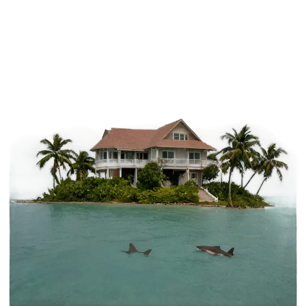 PNG-Image-of-a-House-on-an-Island-Surrounded-by-SharkInfested-Waters