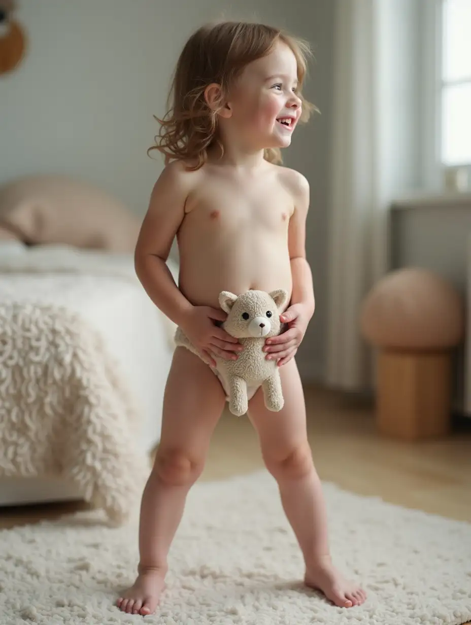 Skinny-Little-Girl-Holding-Stuffed-Animal-in-Playroom-with-Fluffy-Pillows