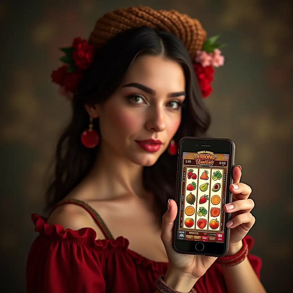 created image: girl 25 years old, sexy, Portuguese appearance in Portuguese national costume, she holds a telephone with the screen toward me, on the phone screen an exciting online slot game is happening, slots are inspired by the game Sweet bonanza, slots are fruits