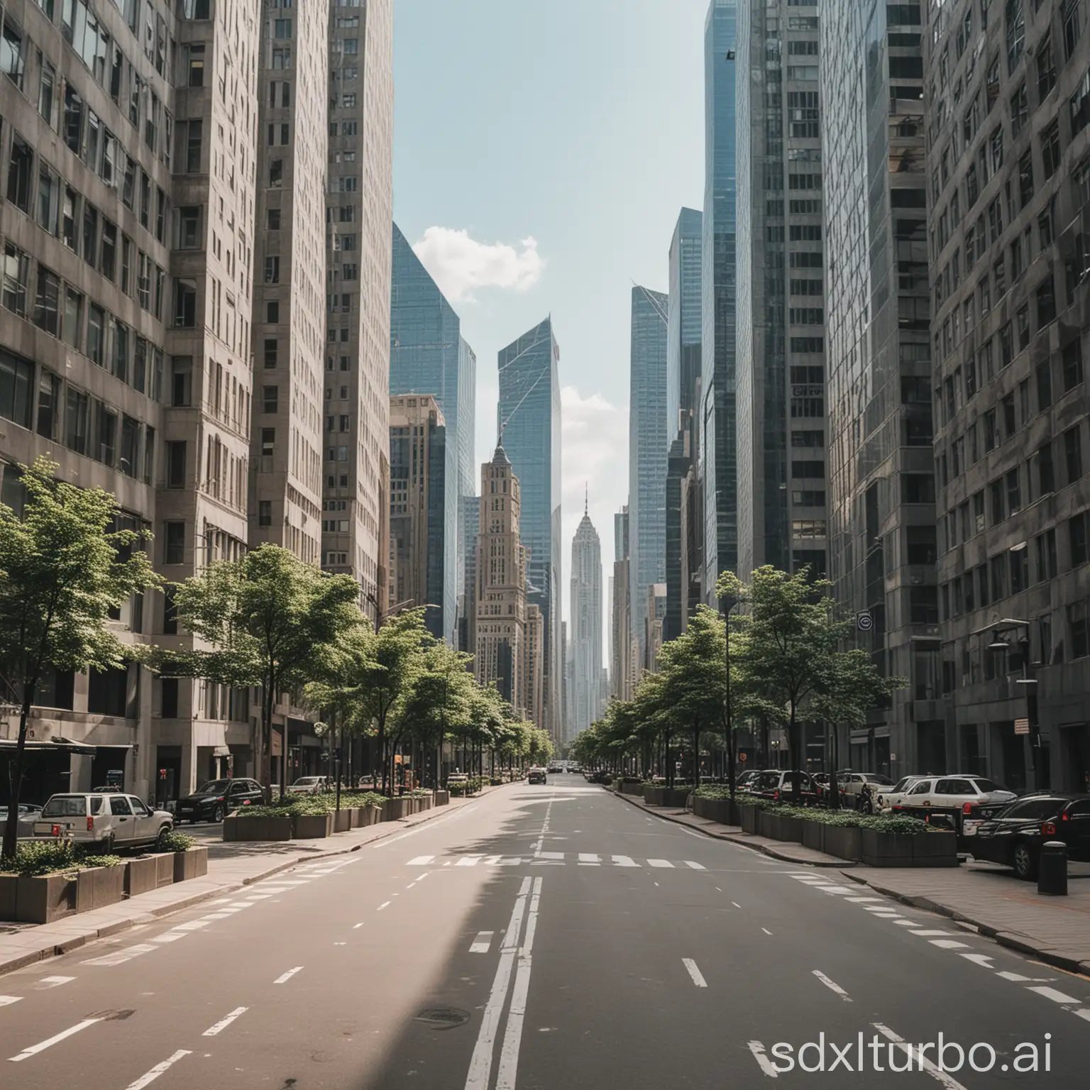 Urban-Summer-Scene-Clean-Street-Amid-Skyscrapers