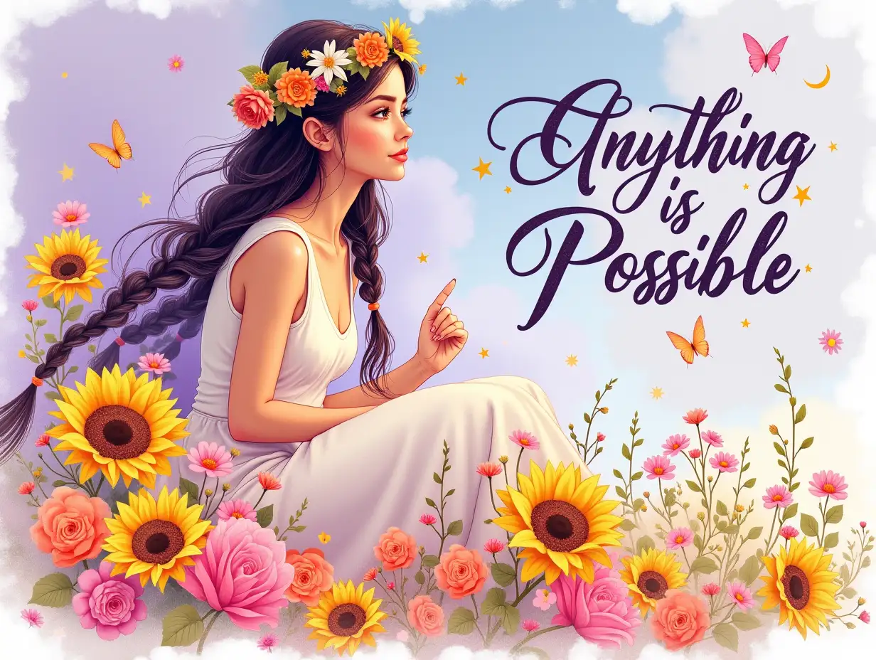 Vector, Vintage-style, Watercolor Art. A whimsical and vibrant scene featuring a young woman with long, braided hair adorned with colorful flowers, exuding a dreamlike, ethereal vibe. She sits gracefully, her expression thoughtful and serene, framed by an array of sunflowers and delicate, pastel-colored blossoms. The background transitions smoothly from deep purples and pinks to soft whites, with shimmering stars and crescent moons interspersed throughout the composition. Butterflies flutter gently around her, adding movement and a touch of magic. The phrase 'Anything is Possible' is artistically integrated into the floral design, using playful cursive fonts to enhance the overall aesthetic. The colors are saturated and bright, emphasizing a sense of hope and creativity, combining elements of realism and fantasy in a hyper-detailed, illustrative style.