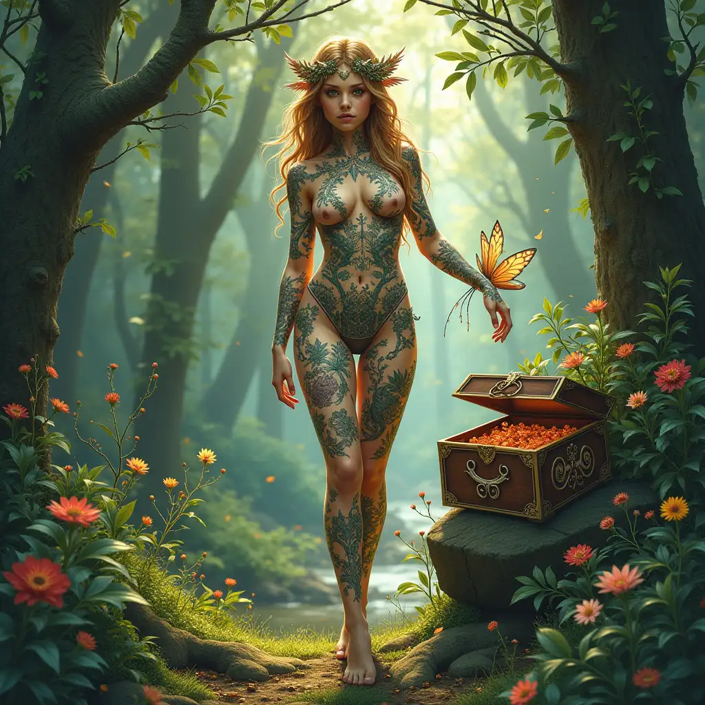 AI-Image-Expansion-RequestNymph-with-Intricate-Tattoos-Opening-Pandoras-Box-in-a-Magical-Forest-Glade