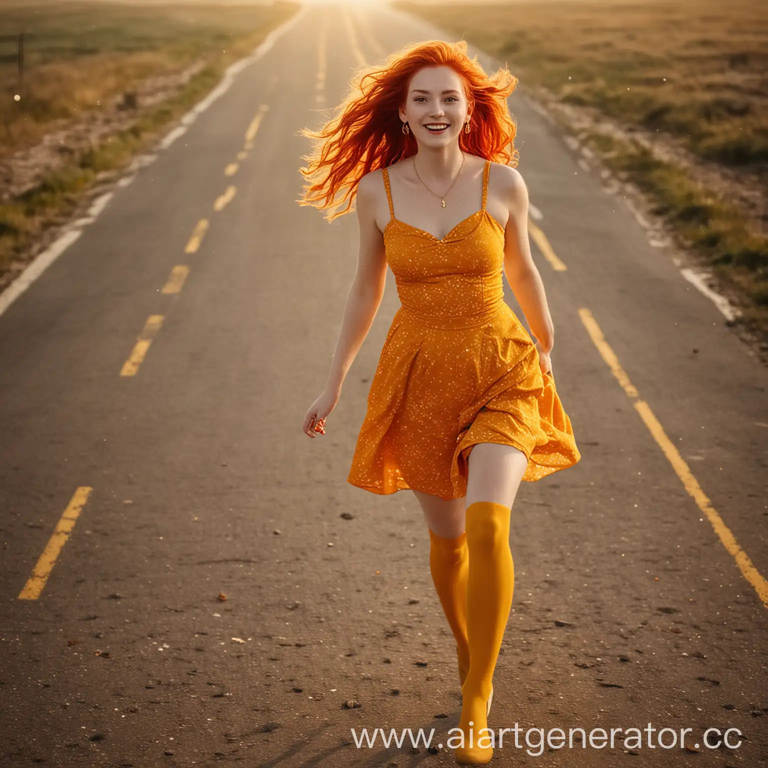 FieryRed-Haired-Girl-Running-on-a-Starry-Road-at-Sunrise