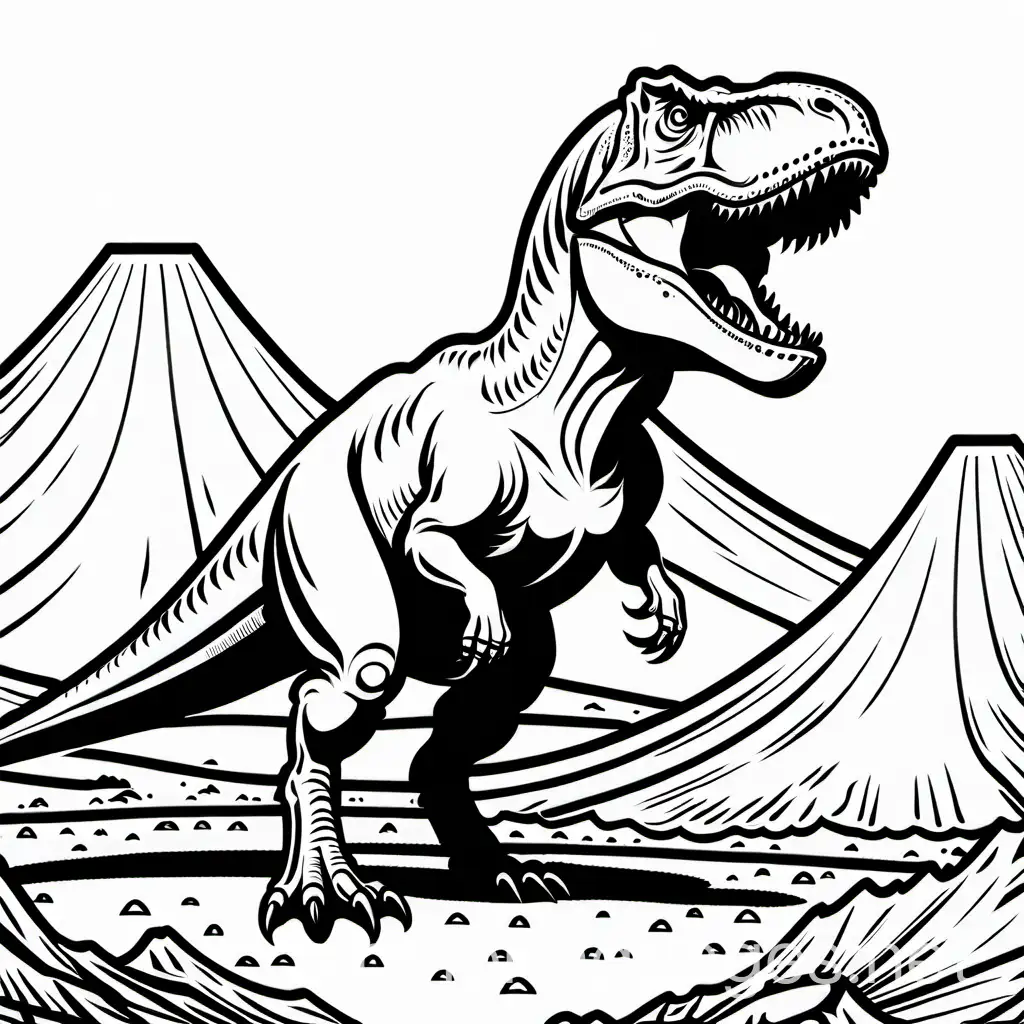 T rex in valcano background transparent, Coloring Page, black and white, line art, white background, Simplicity, Ample White Space. The background of the coloring page is plain white to make it easy for young children to color within the lines. The outlines of all the subjects are easy to distinguish, making it simple for kids to color without too much difficulty