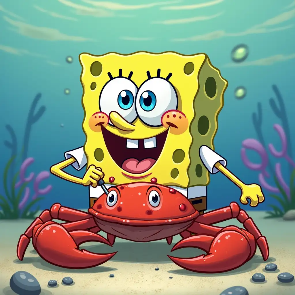 make the cartoon character spongebob working on crusty crab