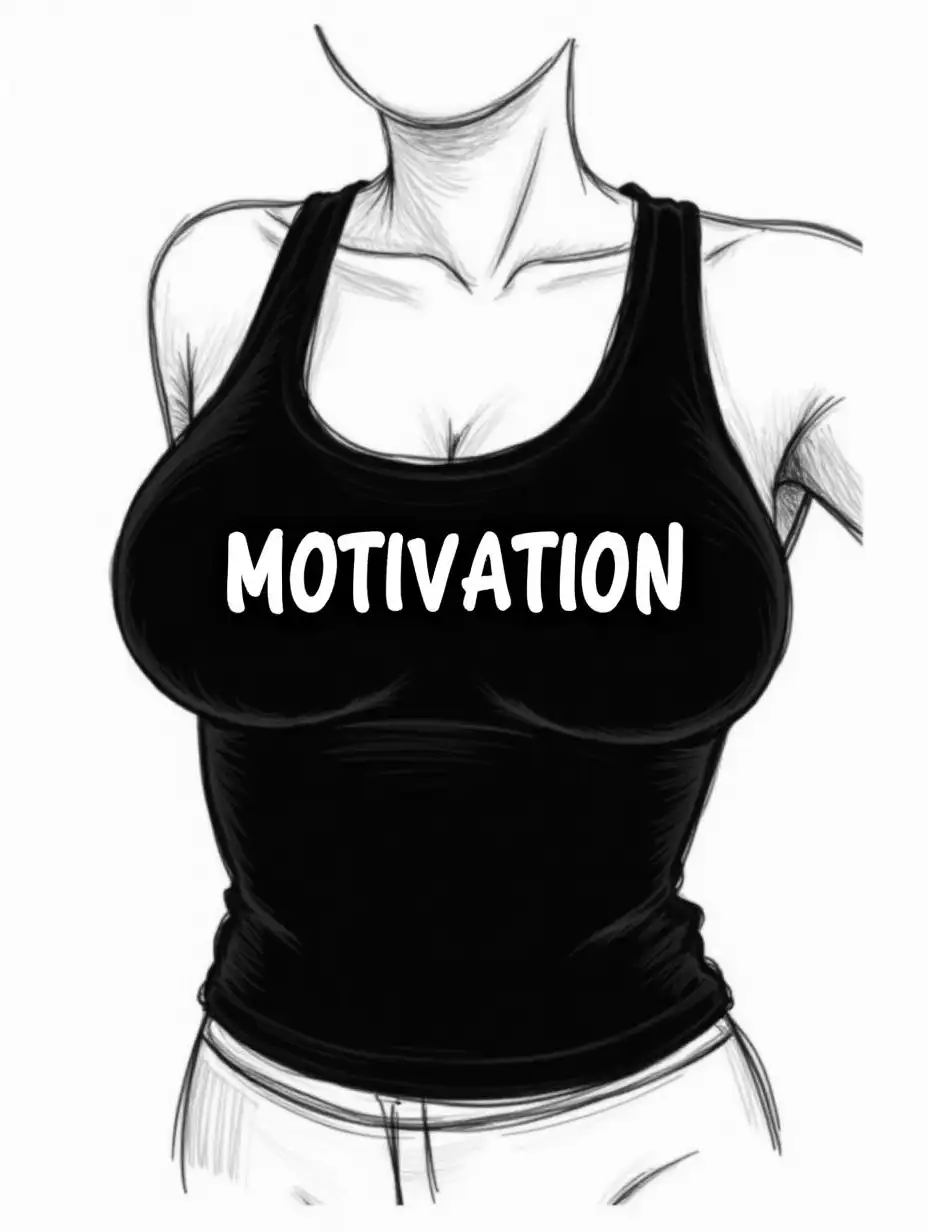 black-and-white digital drawing of a woman's torso, focusing on her chest. She has large breasts and is wearing a tight, sleeveless black tank top that reads 'MOTIVATION' in bold, white, uneven letters. Her skin is not visible, but the drawing style suggests a minimalist, clean approach. The background is plain white, emphasizing the text and the woman's form.