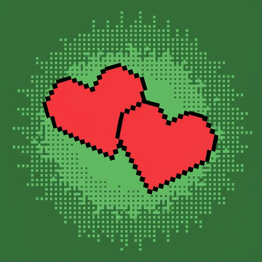 Pixel Art Hearts on Green Comic Background