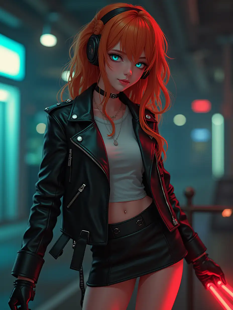 (retro anime art:1.3), cyberpunk girl, ginger hair, leather jacket, t-shirt, elegant, azure eyes, skirt, boots, (model posing:1.2), sexy, full body shot, flirting, marvel, intricate composition, artistic picture, ambient light, sideways, dynamic angle, atmospheric, from above light angle, masterpiece, dynamic angle, from the ground shot, by Artgerm