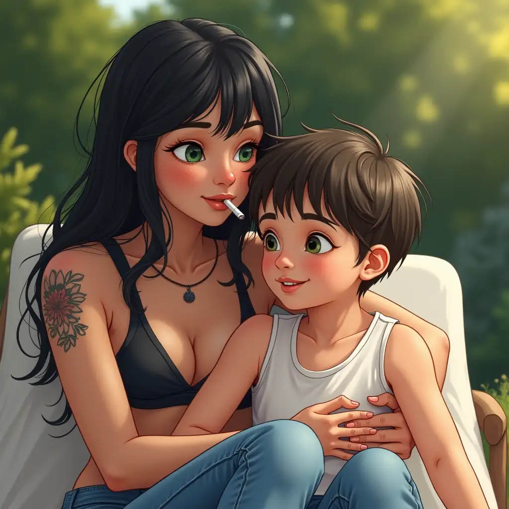 Mother, woman, black hair, white skin, green eyes, bikini, tattoo on arm, smoking cigarette on sun lounger, in garden, cuddling her son 8 years old, blue jeans, white vest lovingly