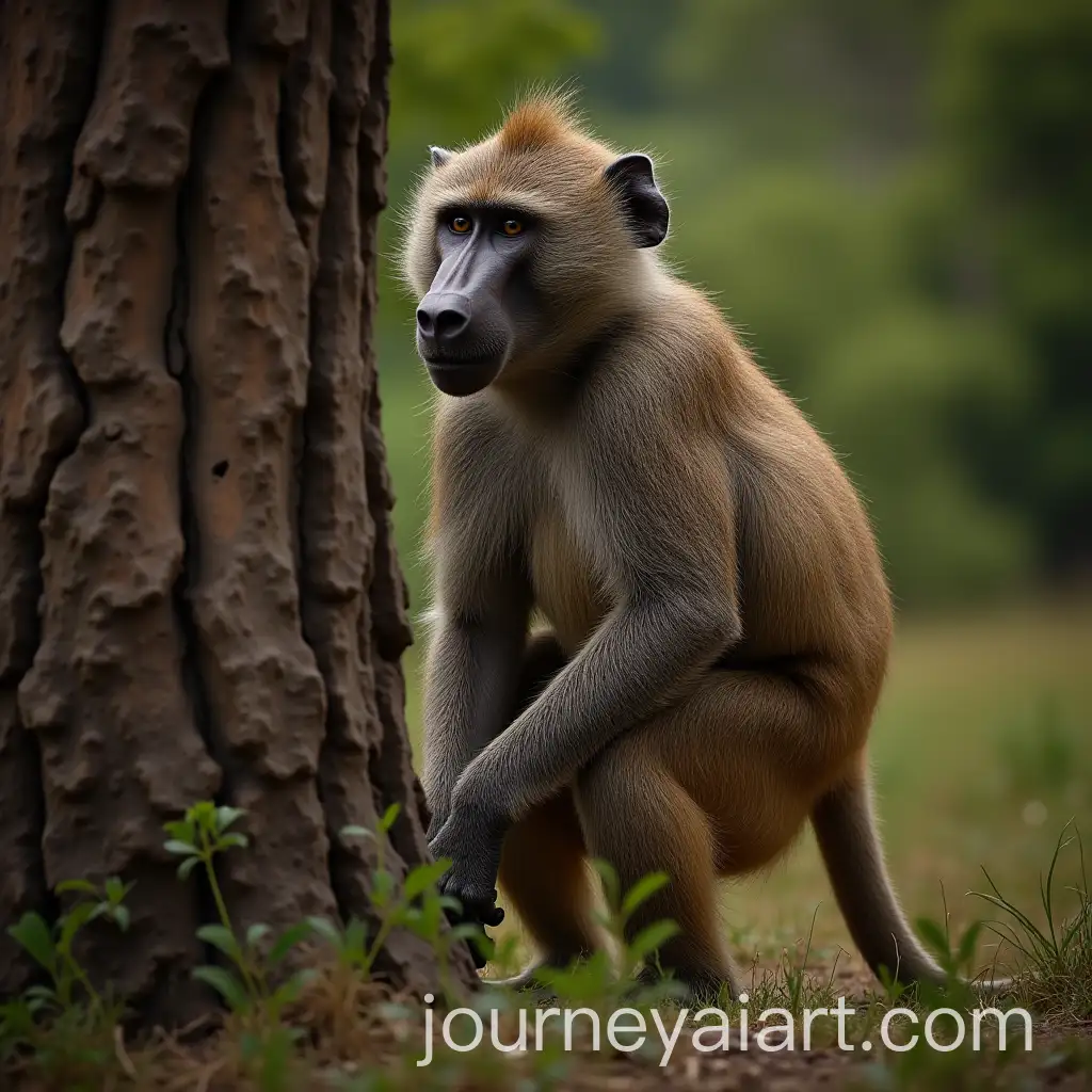 Closeup-Image-of-a-Baboon-Standing-by-a-Tree-in-the-Wild