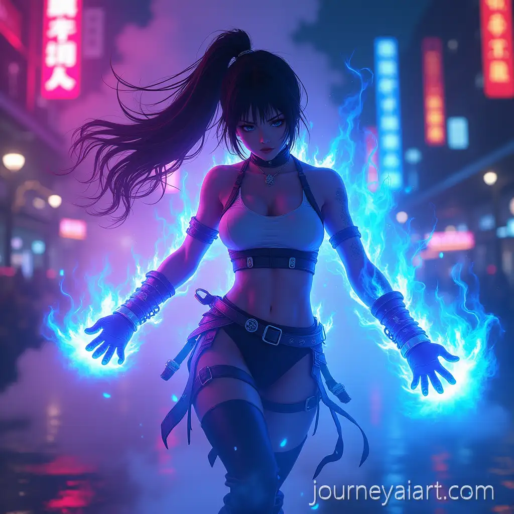 Energetic-Anime-Female-Warrior-Battling-with-Violet-and-Cyan-Flames-in-Cyberpunk-Cityscape