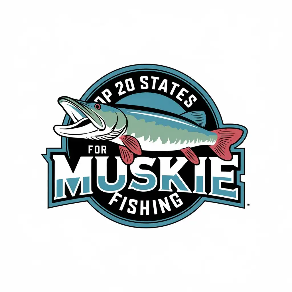 LOGO Design for Top 20 States for Muskie Fishing Vector Design with Muskie Symbol and Clear Background