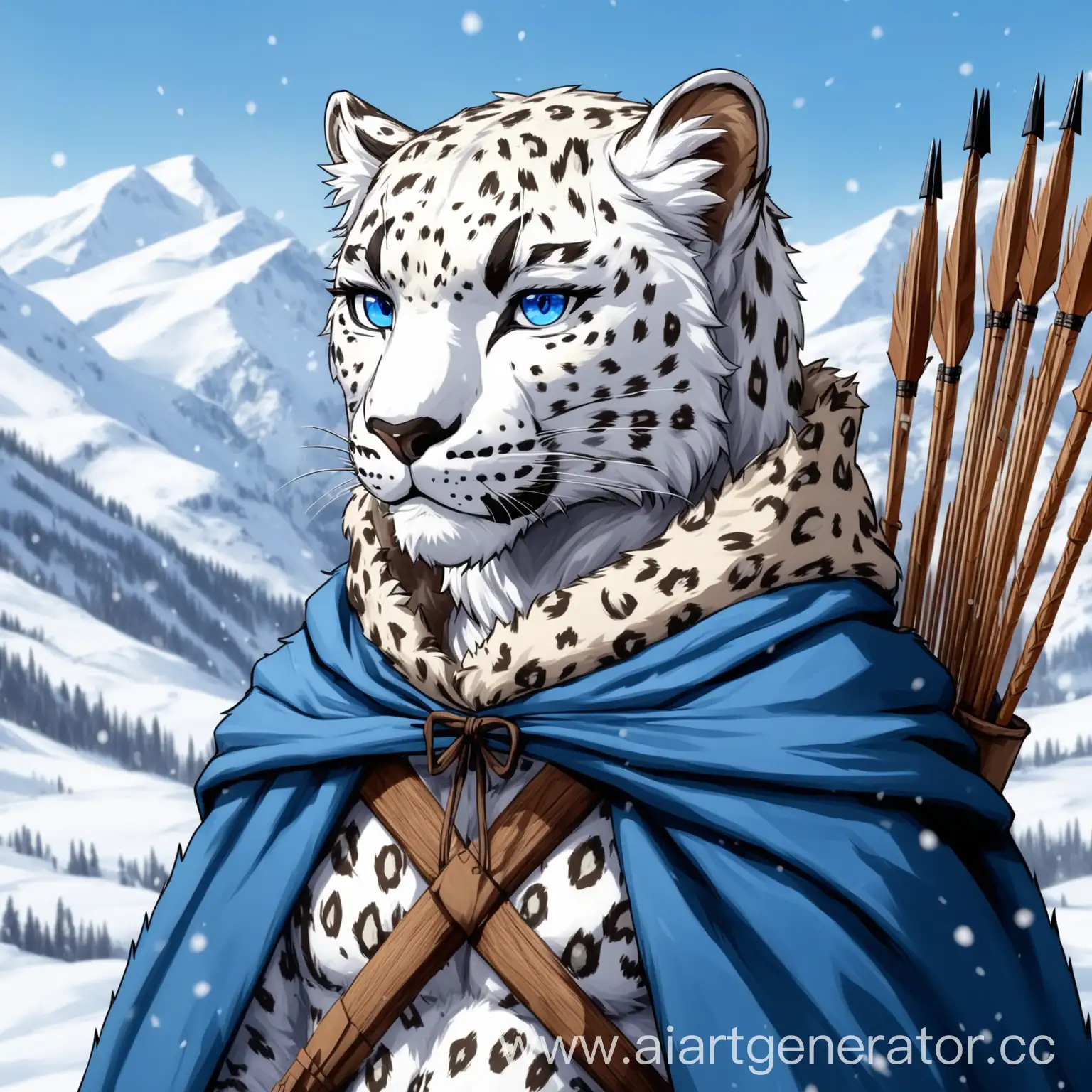 Furry, white leopard, blue eyes, with a wooden bow, in a ranger's cloak, against the background of snowy mountains, with a quiver with arrows, portrait