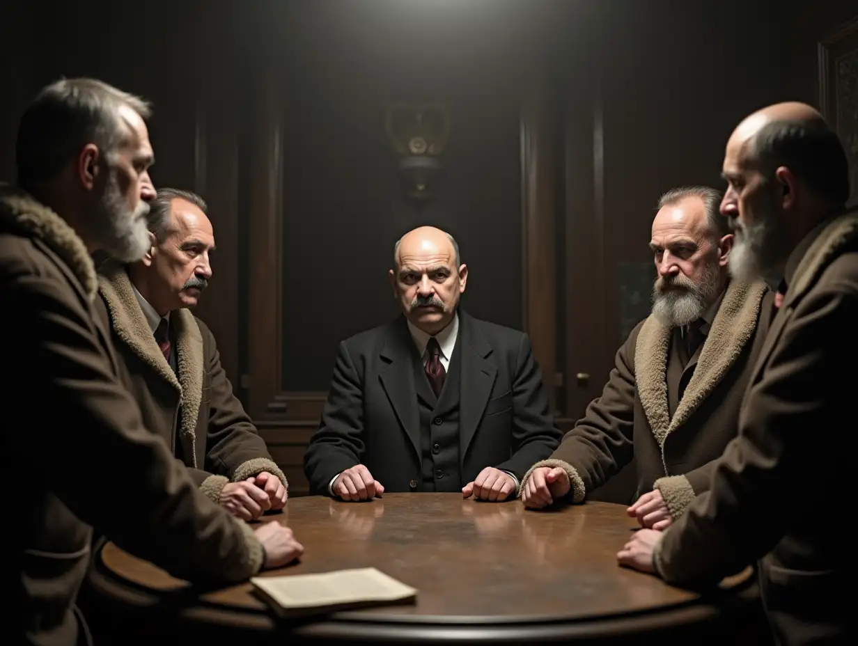 Russia, 1925, create a memorable scene capturing a tense but important discussion between four characters in a dimly lit room. Among them is Lenin, a character in a severe suit with a bald head, he has a mustache, he is 54 years old, representing the government, and three stern figures with gray beards in worn peasant clothes, torn sheepskin coats, symbolizing the peasant class. Use the round table as a focal point, using body language that expresses deep concern and tension. The atmosphere should reflect the historical moment of ideological conflict and cooperation.