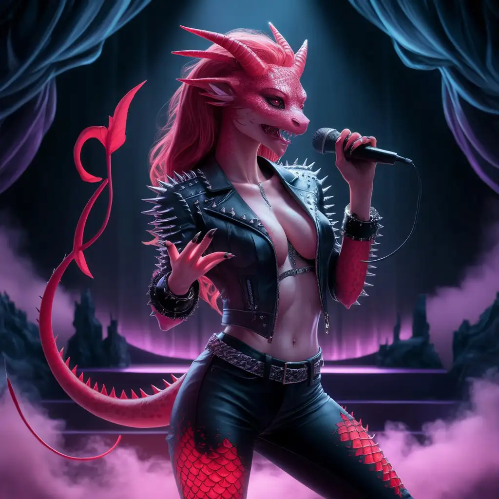 Female Draconborn Rockstar Singing with Red Hair and Black Jacket