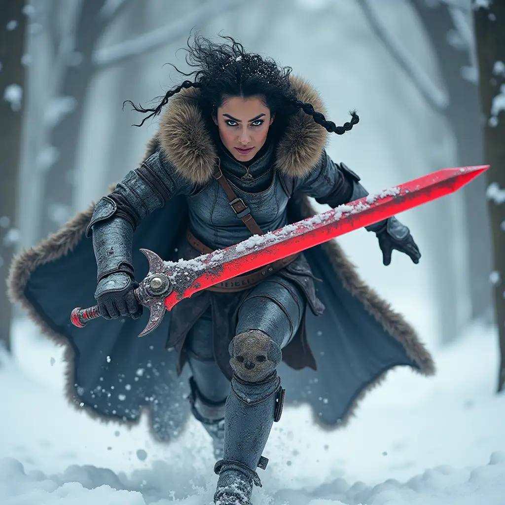 Frozen Fray: A barbarian warrior, encased in battered black chrome armor, charges forward amidst a blustery snowy forest. Her fur-lined cloak billows behind her as she lunges, the wind whipping her short, curly dark hair into a frenzy. Blackened lips and blackout eyeshadow accentuate her intense gaze, while an iron tiara crowns her triangular face. Braids cascade down her back as she brandishes a massive glowing red sword, its skull-engraved hilt glinting in the pale light. The snow-covered trees tower above, their branches etched against the grey sky like skeletal fingers, as our armored heroine unleashes a fierce battle cry into the frozen wilderness.