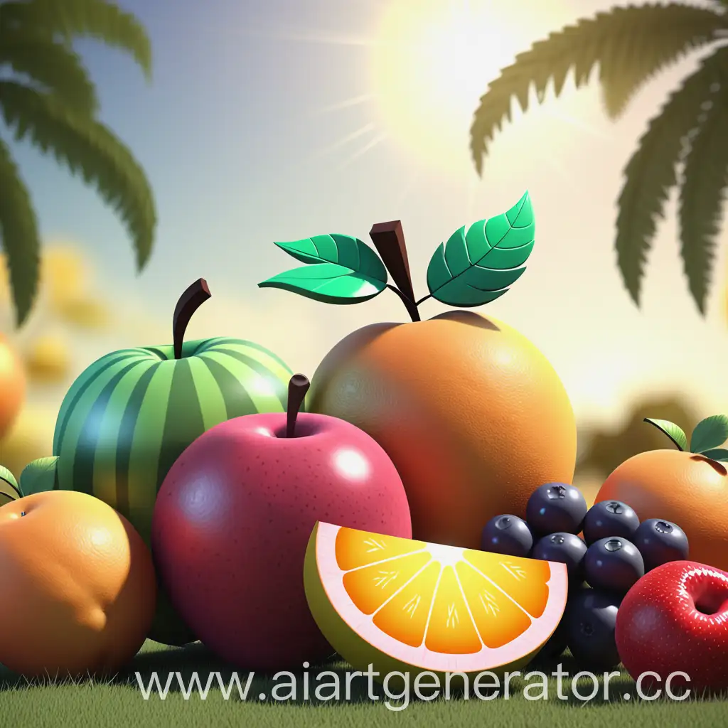 Colorful-3D-Fruity-Sunny-Day-with-Five-Fruits-on-Natural-Background