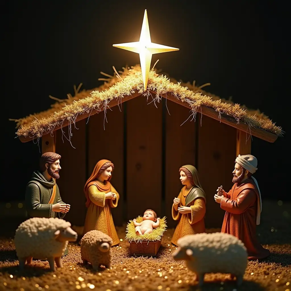 Biblically accurate nativity scene including baby jesus, mary, joseph, star, angel, magi, sheep, and rich folk with gold.