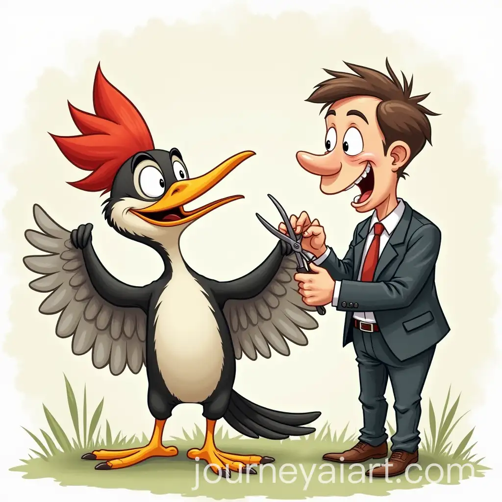 Playful-Cartoon-Woodpecker-Getting-Wings-Trimmed-by-Man-in-Suit