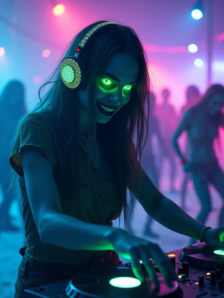 A female zombie DJ with acid green eyes and a crazy smile stands at her DJ booth wearing sparkling, jewel-encrusted headphones and spinning records in the neon lights illuminating the icy world of Northrend. A hyper-realistic cinematic shot, undead zombies dance wildly around her. The atmosphere is eerie yet festive: the cold, stark landscape of Northrend contrasts with the lively energy of the dance party. Use a realistic art style with crisp textures and detailed lighting to emphasize the contrast between the living dead and the frozen wilderness